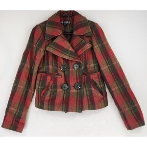 Static Jacket Womens Small Red Plaid‎ Wool Blend Button Up Winter Pea Coat